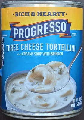 Three cheese tortellini in a creamy soup with spinach