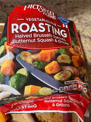 Roasting: Halved Brussels Sprouts, Butternut Squash & Onions