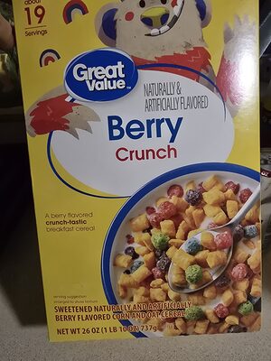 Sweetened naturally and artificially berry crunch flavored corn and oat cereal, berry