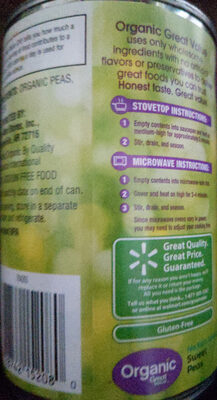 Great Value Organic Sweet Peas No Salt Added, 15 Oz