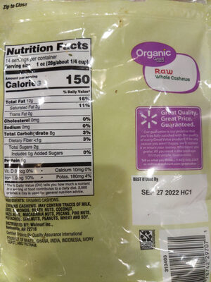 Great Value Organic Raw Whole Cashews, 14 Oz