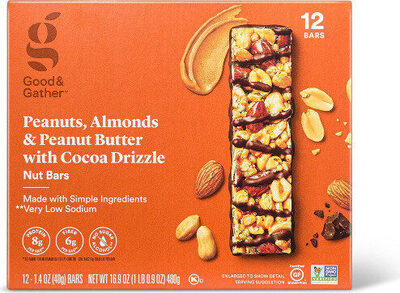 Almonds and peanut butter with cocoa drizzle nut bar