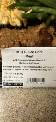 BBQ Pulled Pork Meal with Seasoned Green Beans & Macaroni & Cheese