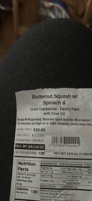 Butternut Squash w/ Spinach & Dried Cranberries - Family Pack with Olive Oil