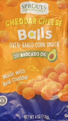 Cheddar cheese, balls, oven baked corn snack made with avocado oil