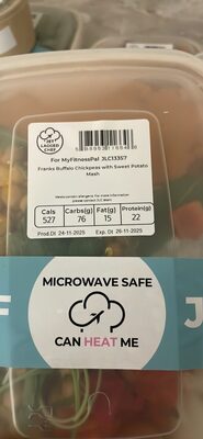 Franks Buffalo Chickpeas with Sweet Potato Mash