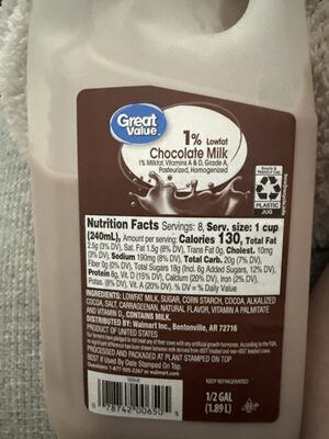 Great value, 1% low fat chocolate milk, chocolate