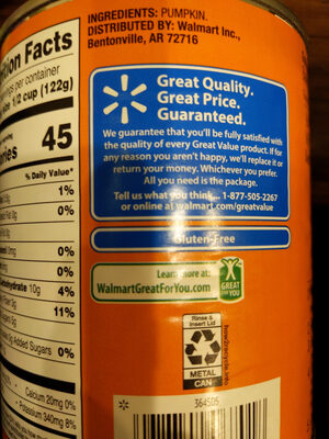 Great Value 100% Pure Pumpkin, 29 oz