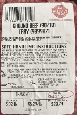 Ground beef, 90% Lean, 10% Fat Cooked