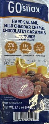 Hard salami, mild cheddar cheese, chocolatey caramels, almonds