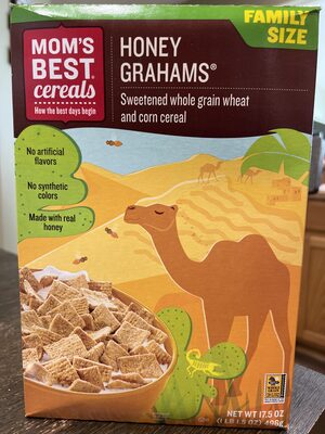 Honey graham sweetened whole grain wheat and corn cereal