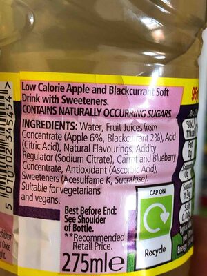 Low Calorie Apple And Blackcurrant Soft Drink With Sweeteners