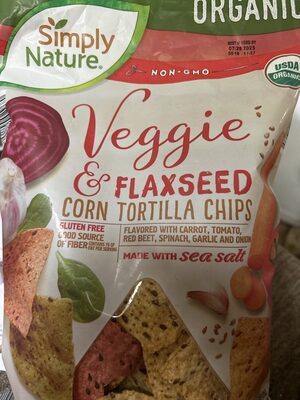 Organic Veggie & Flaxseed Corn Tortilla Chips Flavored With Carrot, Tomato, Red Beet, Spinach, Garlic And Onion, Carrot, Tomato, Red Beet, Spinach, Garlic And Onion