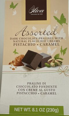 Pistachio Caramel ASSORTED DARK CHOCOLATE PRALINES WITH NATURAL FLAVOURED CREAMS