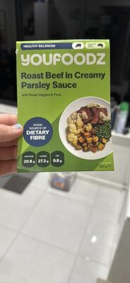 Roast Beef in Creamy Parsley Sauce with Roast Veggies & Peas