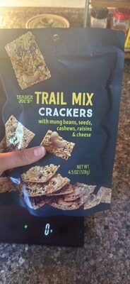 Trail Mix Crackers with mung beans, seeds, cashews, raisins & cheese