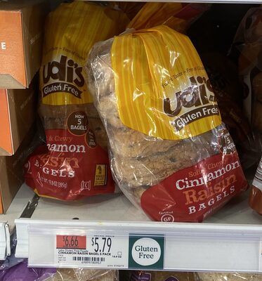 Udi's gluten free, soft & chewy bagels, cinnamon raisin