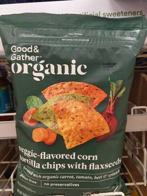 Veggie-flavored corn tortilla chips with flaxseeds