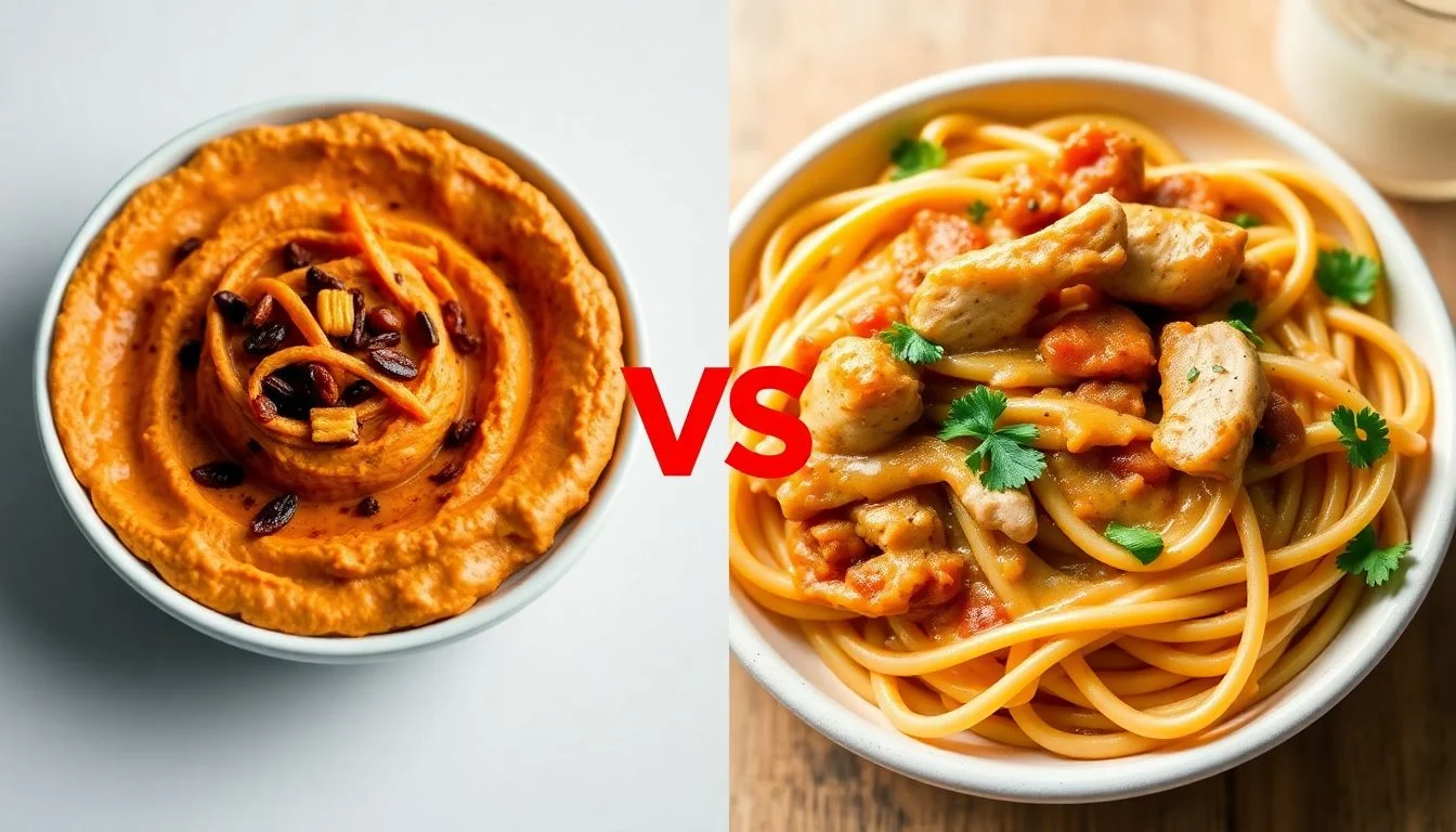 Crunchy Chili Onion Hummus vs Fettuccine in a Savory Chicken Flavored Sauce
