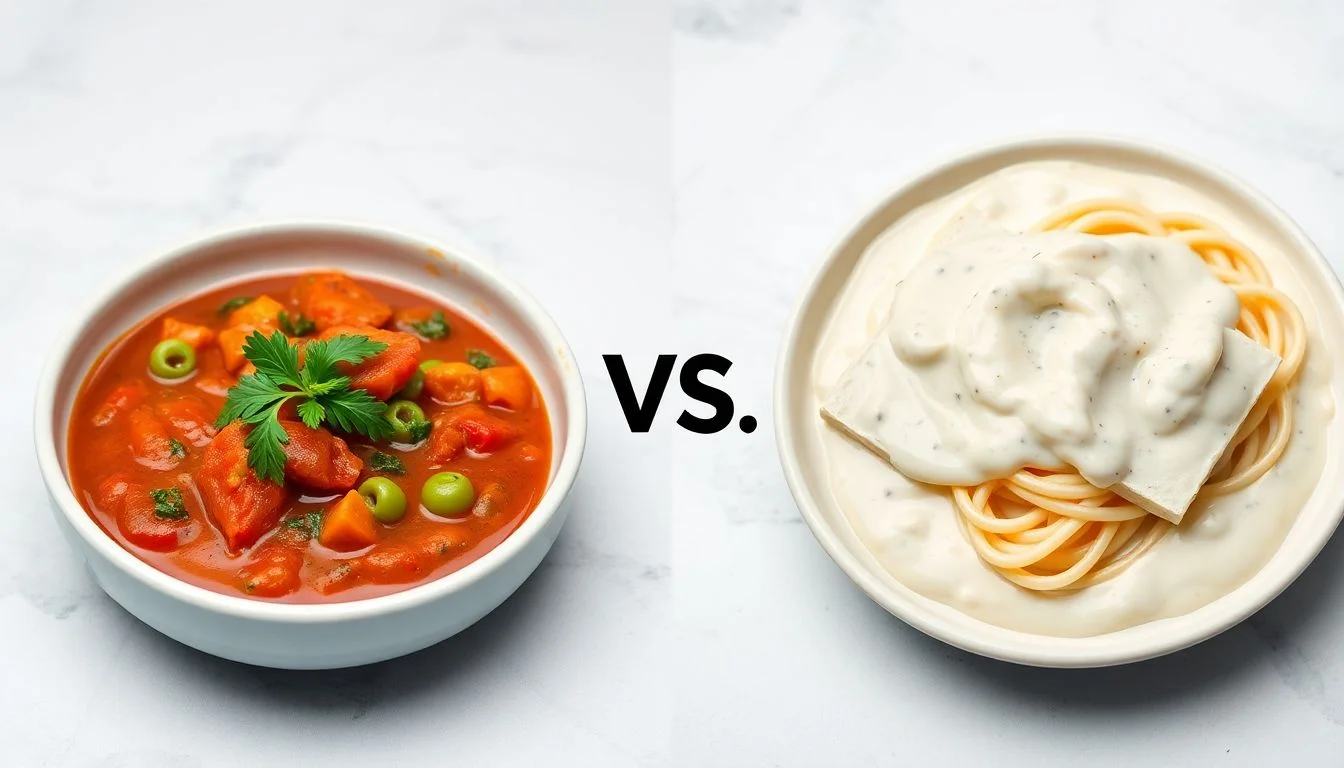 Sauce made with Vegetables and Spices vs Creamy Alfredo Pasta Sauce