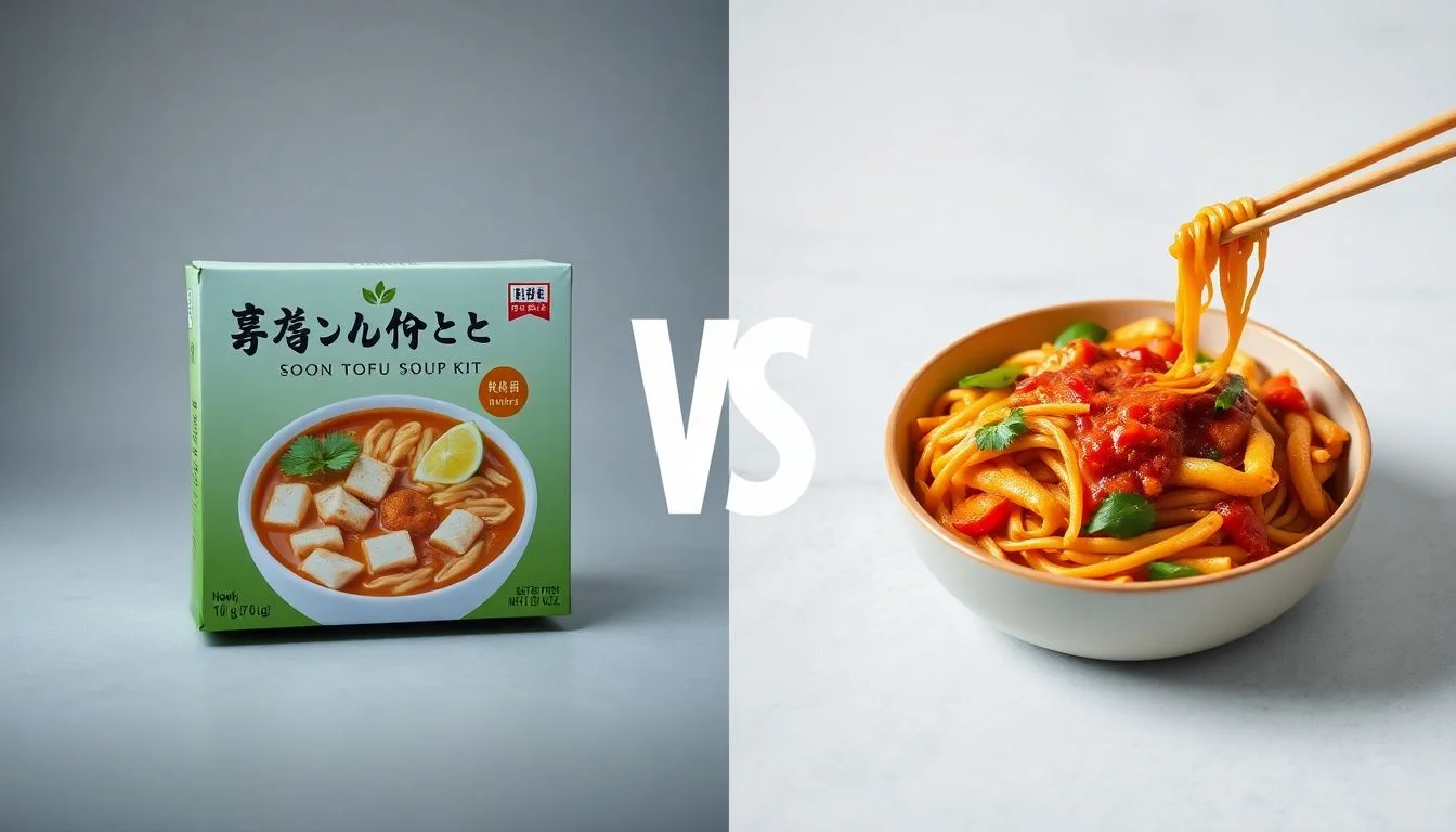 Soon Tofu Soup Kit Medium Hot vs Stir Fry Sweet Chili Flavor Stir Fry Style Asian Noodles