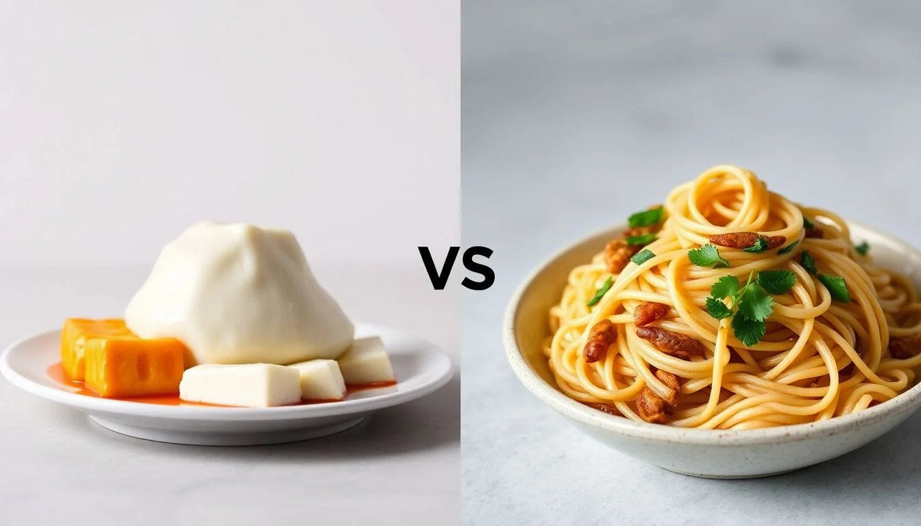 Tamago Tofu Mushi vs Rice Noodles Linguine